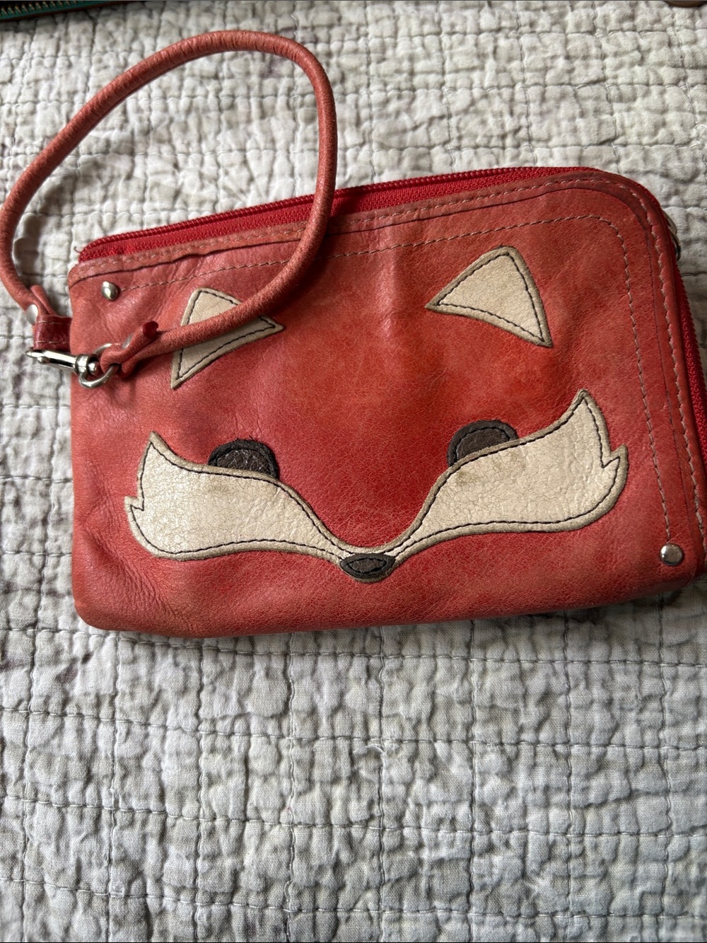 Fossil Red/orange Leather Wristlet Clutch with Leather Fox Appliqué